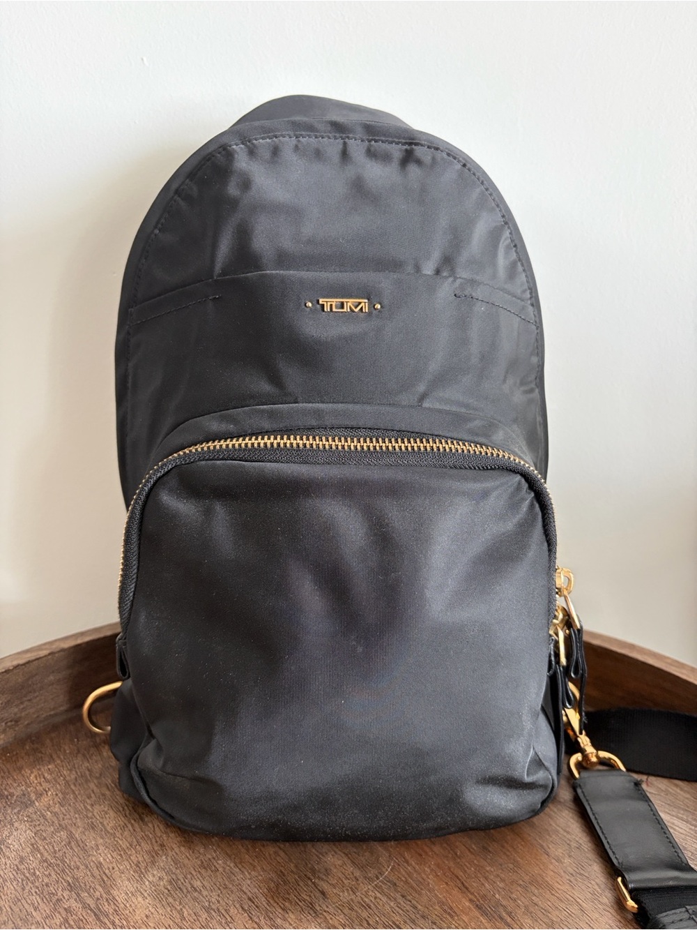 TUMI Voyageur Nadia Convertible Backpack/Sling – Black Nylon Gold Hardware